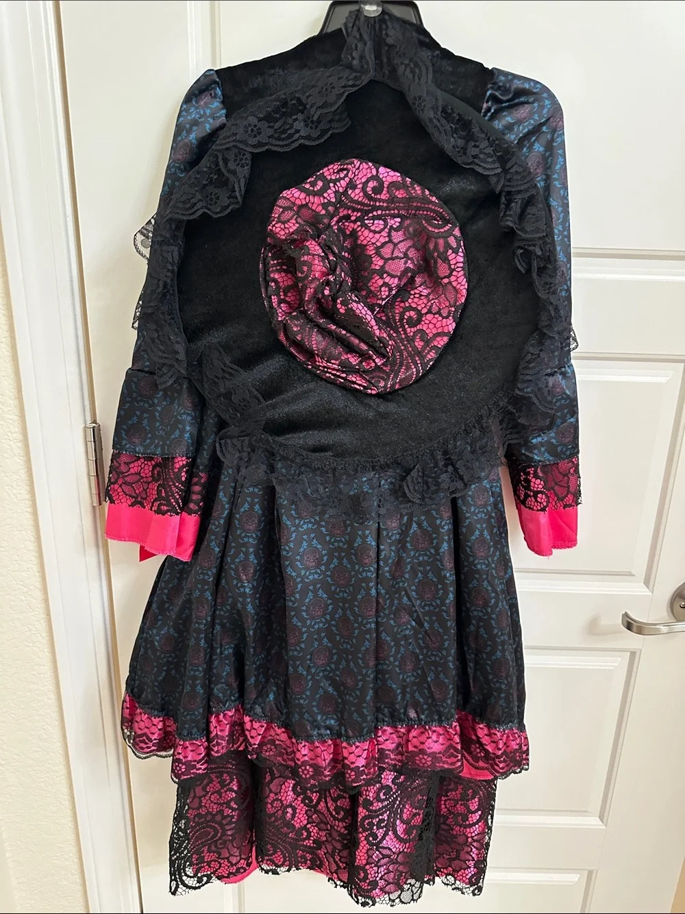 Girls Gothic Lace Witch Costume Dress in Black and Hot Pink